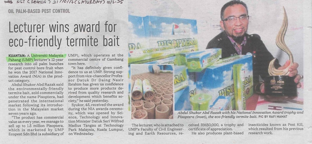 New Straits Times : Lecturer wins award for eco-friendly termite bait